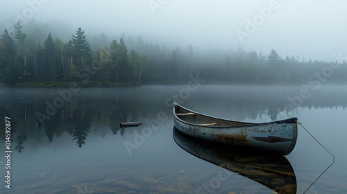 Wooden canoe glides peacefully across a calm lake at sunrise, reflecting the vibrant colors of the summer sky