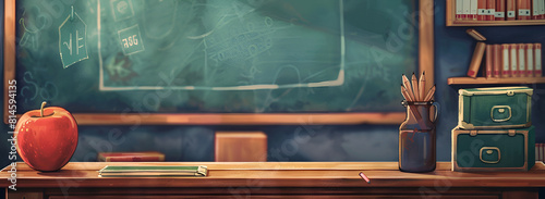 Back to School Illustration on Chalkboard Background, School Themed Background for Back to School Season