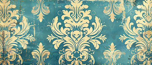 Elegant vintage damask print with intricate detailing in shades of blue and cream hues.