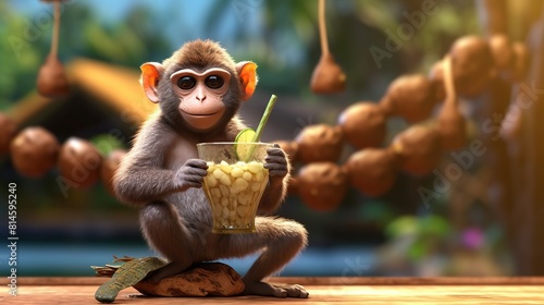 monkey wearing glasses and drinking young coconut generate ai