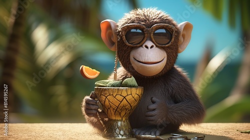 monkey wearing glasses and drinking young coconut generate ai