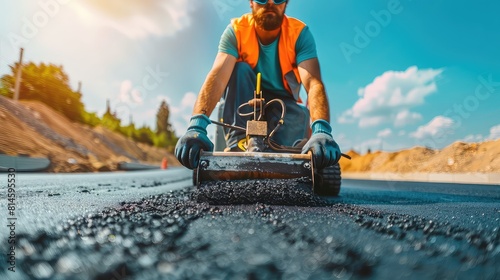 A dynamic image of a young road construction worker, with a beard and safety goggles, operating a compactor machine to smooth out newly laid asphalt on a sunny day. 