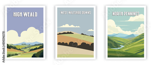 High Weald, West Wiltshire Downs, North Pennines Illustration Art. Travel Poster Wall Art. Minimalist Vector art
