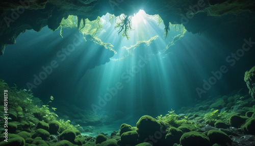A-lush-underwater-cave-with-sunlight-streaming-