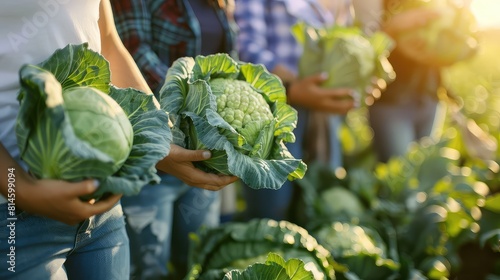 A dynamic shot of a group of successful female and male horticulturists holding freshly harvested savoy cabbage in a sun-drenched farm field, symbolizing the abundance . 
