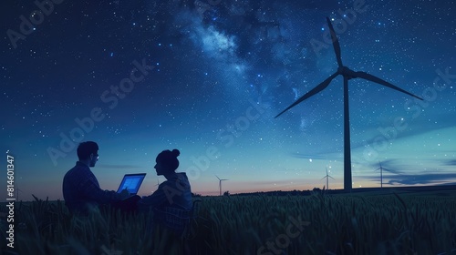 A captivating stock photo showcasing a team of engineers working on laptops in a farm field under the starry night sky, as they coordinate efforts to integrate renewable energy sources.