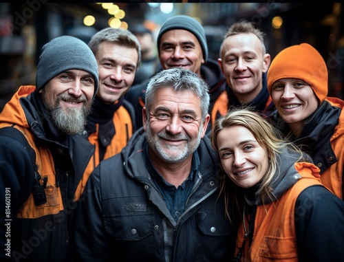 group of colleagues from the factory warehouse are smiling in orange vests
