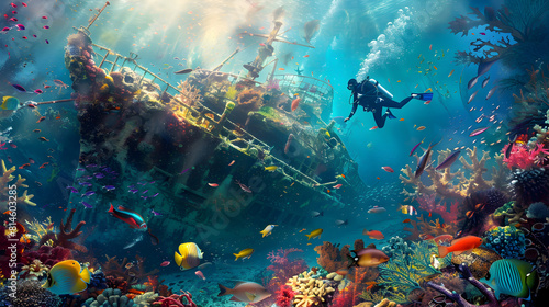 Diver Exploring Vibrant Underwater Shipwreck Surrounded by Diverse Marine Life