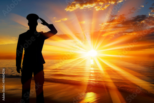 Military Man Saluting at Sunset