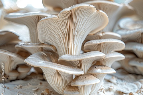 Close-up of oyster mushrooms against the backdrop of a mushroom growing greenhouse. Bouquet of oyster mushrooms. Source of beta glucan.