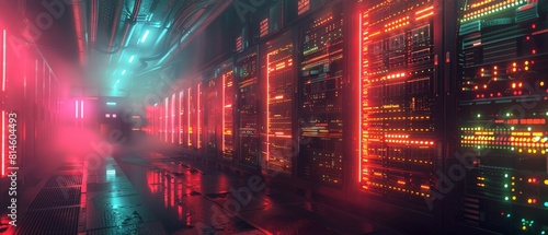Concept art of network servers with customized LED light patterns, each servers lights indicating different operational statuses in a dynamic display