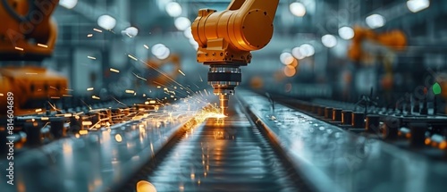 Closeup view of a robotic arm using advanced laser technology to cut materials, with sparks flying in a dimly lit, automated smart factory