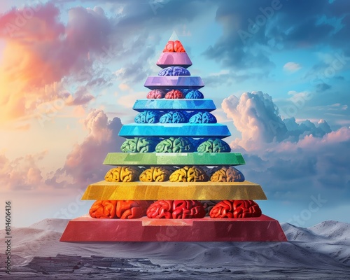 A Bloom's taxonomy pyramid with brain-shaped levels, representing the hierarchy and progression of cognitive skills, rule of thirds composition, high detail
