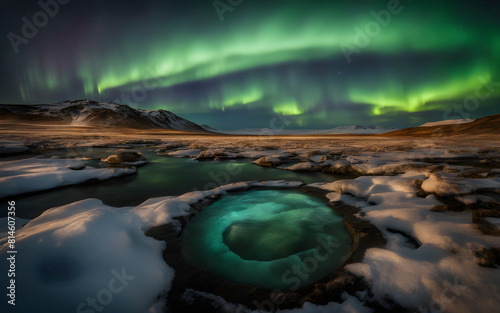 Aurora borealis over an Icelandic hot spring, magical night, steam rising, celestial dance