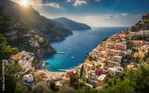 Breathtaking view of the Amalfi Coast, Italy, colorful cliffside villages, azure sea, idyllic