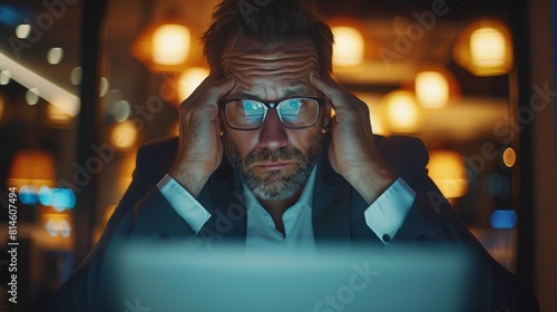 A tired and overwhelmed businessman He was sitting at the table in a business suit. Visibly combats dizziness, migraines, and headaches. Late at night he worked on his laptop. I'm stressed and tired.