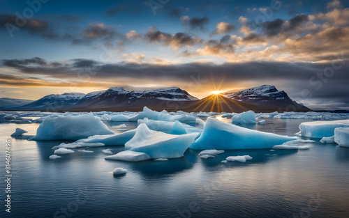 Bright blue icebergs of Jokulsarlon Glacier Lagoon, Iceland, cold beauty, stark contrast