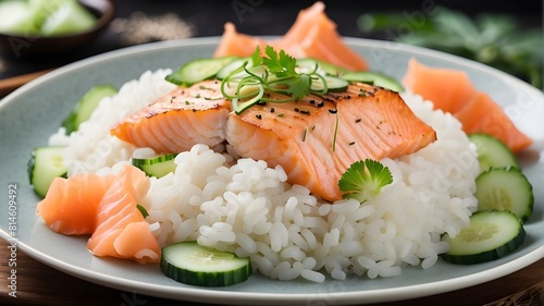 Each bite of the steamed rice offers a lovely sensory experience as its soft and fluffy texture contrasts with the crispness of the cucumber slices and the tender flakiness of the grilled salmon.