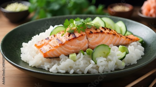 Each bite of the steamed rice offers a lovely sensory experience as its soft and fluffy texture contrasts with the crispness of the cucumber slices and the tender flakiness of the grilled salmon.