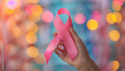Hand holds a pink ribbon symbolizing hope and support on National Cancer Survivor's Day, with a bokeh light background adding a touch of celebration and remembrance