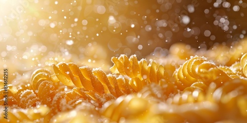 Close-up of fusilli pasta with flour dusting and bokeh light effect in the background