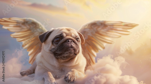 A smiling pug with golden angel wings, floating in a dreamy, softfocus sunset background