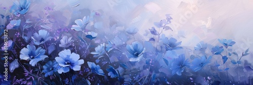 Blue flowers in an oil painting, featuring colorful gradients and hues of light purple and blue.