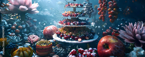 An exquisite still life of a three-tiered cake adorned with an assortment of fruits and berries, elegantly displayed on a crystal cake stand. The cake is surrounded by a variety of flowers and plants