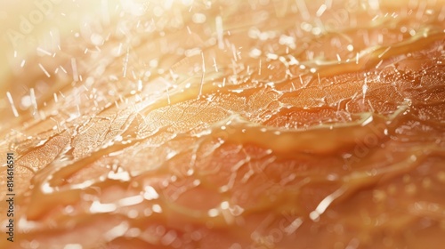 Macro photography of sweat on human skin during a heatwave, personalizing the discomfort of global warming