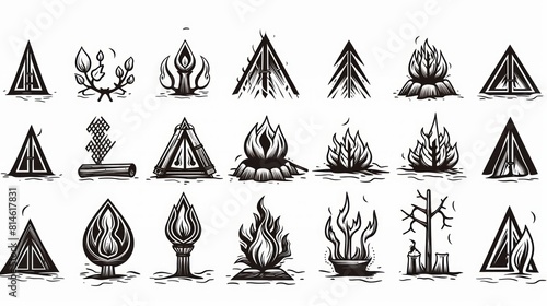 Generative AI Set of detailed campfire icons (barbaric/tribal); printable, monochrome, sharp bold black lines, vector line art, isolated on white background