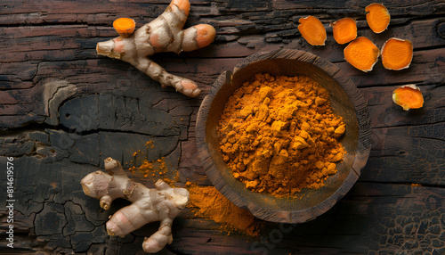 Aromatic turmeric powder and raw roots on wooden table, flat lay