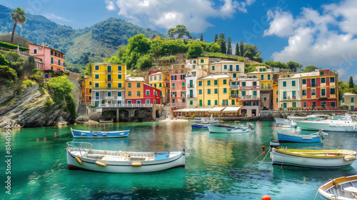 Picturesque view of a quaint seaside town, showcasing colorful buildings and tranquil harbor with boats