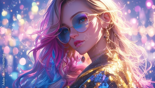 A beautiful woman with colorful hair and sunglasses, wearing a glamorous outfit