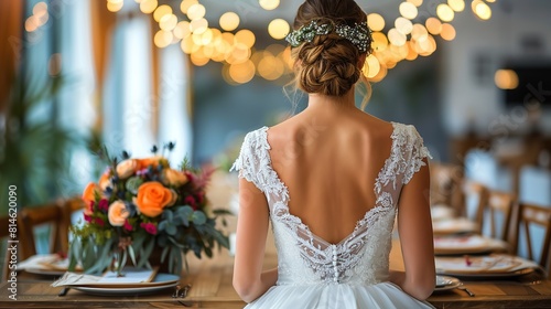 A woman dressed in a wedding gown is seated at a table