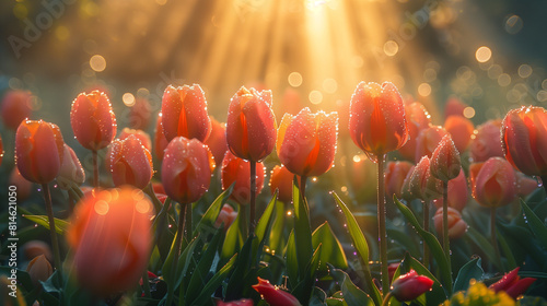 In a garden, dewy tulips adorned with sparkling water droplets shine under the fresh morning light, showcasing the beauty of each petal.