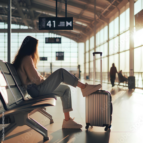 ragazza in aeroporto seduta in attesa con valigia e luce del sole al tramonto che entra dalle finestre. fotografia nostalgica in controluce suggestiva raffinata