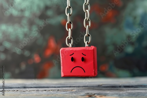 Mood. Emotions. Red cube with sad face emoji hanging on metal chain. A call for emotional support of people suffering from depression or anxiety. Pain. Loneliness. Negative feelings