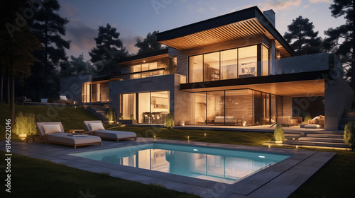 Maison d'architecture moderne, villa de luxe avec piscine extérieure. Arrière-plan pour conception et création graphique.