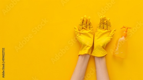 Hands in yellow rubber glover turned up with transparent bottle of cleaning spray on the yellow background. Banner with copy space