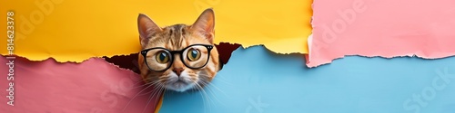 A cute cat looks through a ripped hole, a colorful paper background, and wearing glasses comes out tearing the colorful paper. Generated by AI