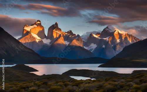 Sunrise illuminating the peaks of Torres del Paine, Patagonia, dramatic landscape, untouched wilderness