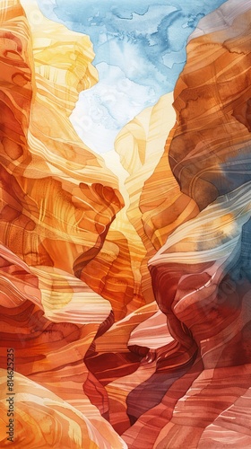 A watercolor illustration depicting the Antelope Canyon with steep rock formations under a clear blue sky in the background.