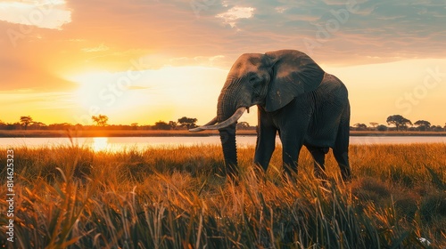 A captivating photo of an African elephant wandering through the picturesque scenery.
