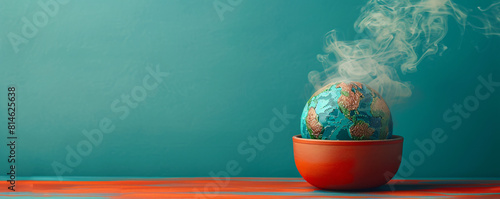 A boiling pot containing a melting globe is set against a minimalist color background, creating an unreal and thought-provoking image. The concept of global boiling is highlighted through the surreal