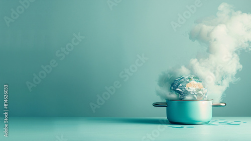 Against a minimalist color backdrop, an unreal scene depicts a pot boiling with the earth melting inside. The surreal image serves as a stark metaphor for global boiling and climate change, with