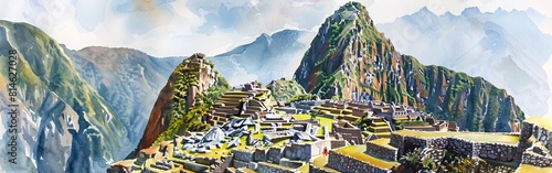 A painting of a mountain with a village below it. The painting has a peaceful and serene mood