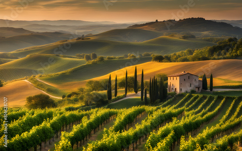 Vineyards of Tuscany at sunset, rolling hills, golden light, serene, agricultural beauty