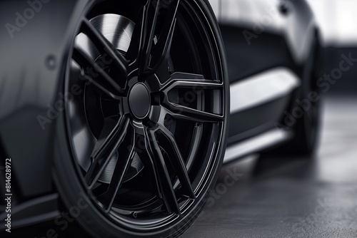 A detailed view of the black wheel of a sports car, showcasing its design and texture under bright lighting