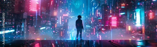Futuristic city with neon lights and a person standing on a platform