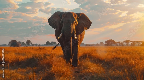 A majestic African elephant ,its trunk swaying gently in the warm sunshine, creating a breathtaking 8K